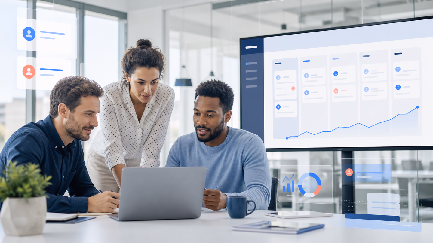 Équipe d’une PME comparant des parcours commerciaux dans un logiciel CRM