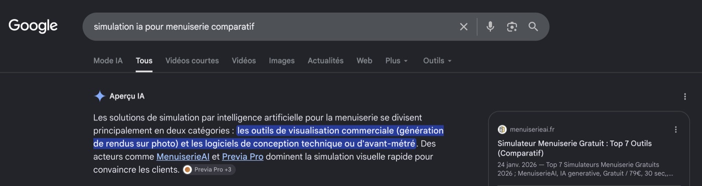 Aperçu IA de Google sur la recherche « simulation ia pour menuiserie comparatif », citant menuiserieai.fr