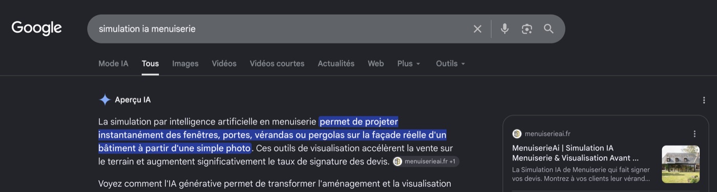 Aperçu IA de Google sur la recherche « simulation ia menuiserie », citant menuiserieai.fr